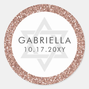 Rose Gold Pink Glitter and Grey Bat Mitzvah Classic Round Sticker