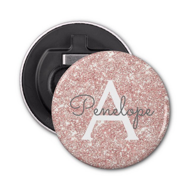 Rose Gold  Pink Glitter and Monogram Bottle Opener (Front)
