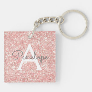 Rose Gold Pink Glitter and Monogram Keychain
