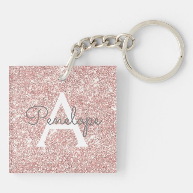Rose Gold  Pink Glitter and Monogram Keychain (Back)