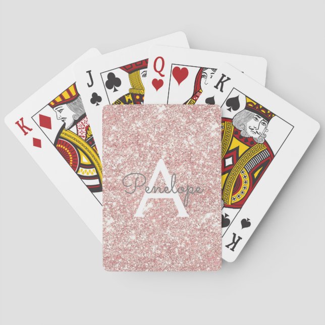 Rose Gold  Pink Glitter and Monogram Playing Cards (Back)