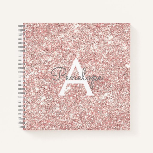 Rose Gold  Pink Glitter and Monogram Sketchbook Notebook (Front)