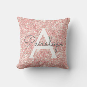 Rose Gold  Pink Glitter and Sparkle Monogram Cushion