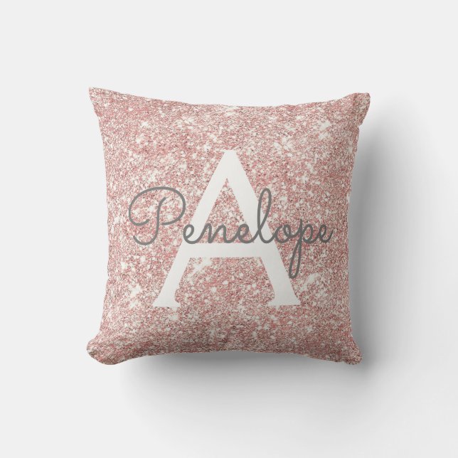 Rose Gold  Pink Glitter and Sparkle Monogram Cushion (Front)