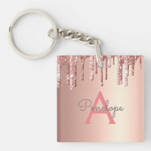 Rose Gold Pink Glitter and Sparkle Monogram Key Ring