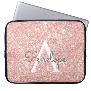 Rose Gold Pink Glitter and Sparkle Monogram Laptop Sleeve