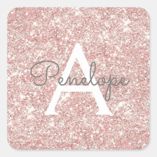 Rose Gold  Pink Glitter and Sparkle Monogram Square Sticker