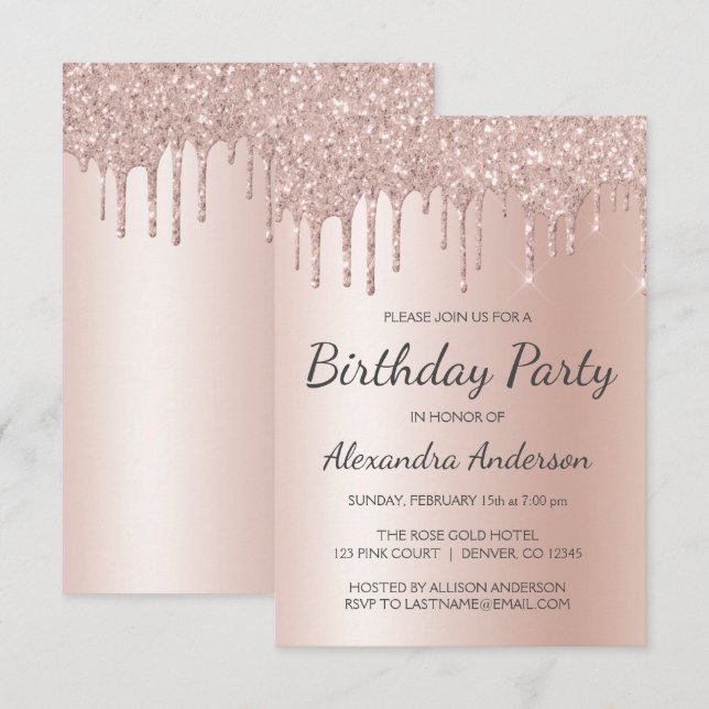 Rose Gold Pink Glitter Any Age Birthday Party Invitation (Front/Back)