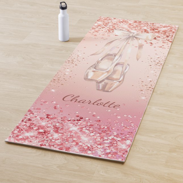Rose gold pink glitter ballet dance monogram name yoga mat (In Situ)