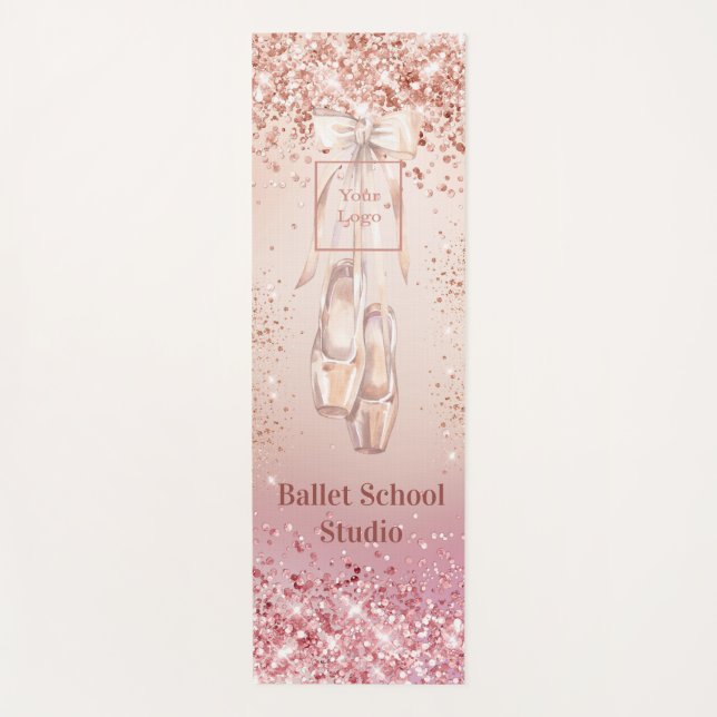 Rose gold pink glitter ballet dance school logo yoga mat (Front)