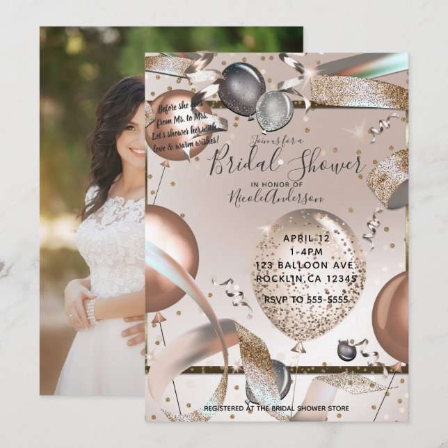 Rose Gold Pink Glitter Balloon Bridal Shower Photo Invitation (Front/Back)