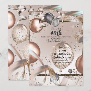 Rose Gold Pink Glitter Balloons 40th Birthday Invitation