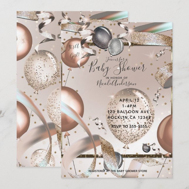 Rose Gold Pink Glitter Balloons Baby Shower Invitation (Front/Back)