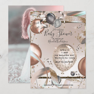 Rose Gold Pink Glitter Balloons Baby Shower Photo Invitation