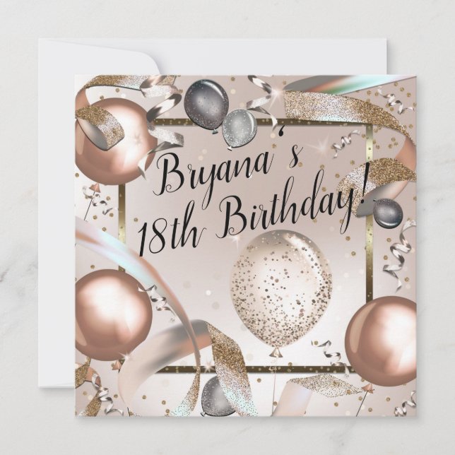 Rose Gold Pink & Glitter Balloons Birthday Party Invitation (Front)