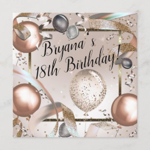 Rose Gold Pink & Glitter Balloons Birthday Party Invitation