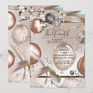 Rose Gold Pink Glitter Balloons Birthday Party Invitation