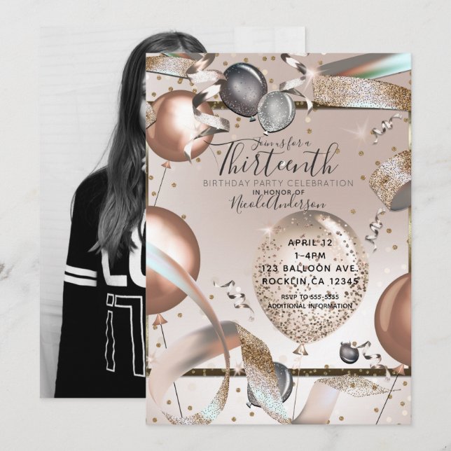 Rose Gold Pink Glitter Balloons Birthday Photo Invitation (Front/Back)
