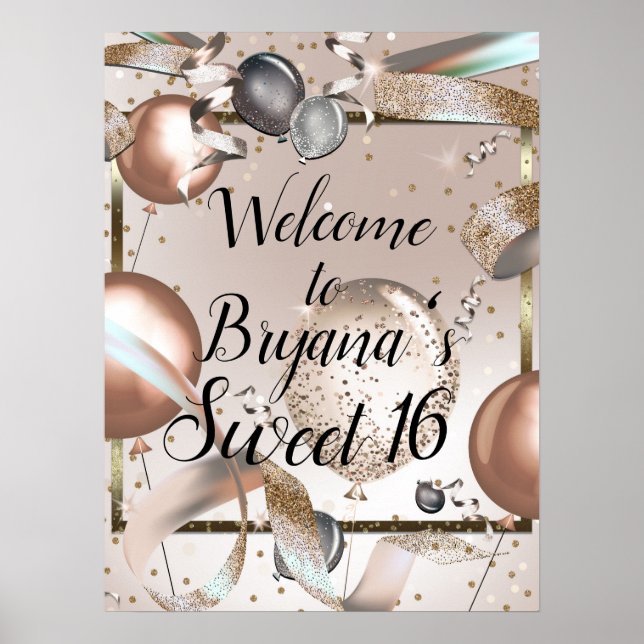 Rose Gold Pink Glitter Balloons Birthday Sign (Front)