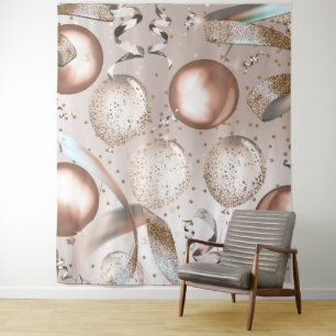 Rose Gold Pink & Glitter Balloons Party Backdrop Tapestry