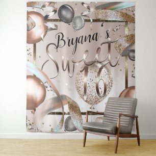 Rose Gold Pink Glitter Balloons Sweet 16 Backdrop Tapestry
