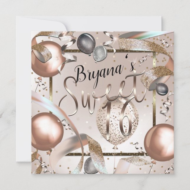 Rose Gold Pink & Glitter Balloons Sweet 16 Party Invitation (Front)