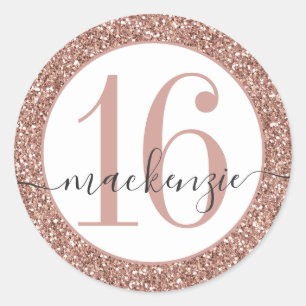 Rose Gold Pink Glitter Birthday Name Sticker Label