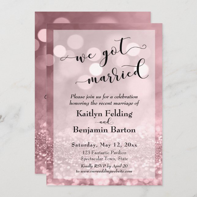 Rose Gold Pink Glitter Bokeh We Got Married Invitation (Front/Back)