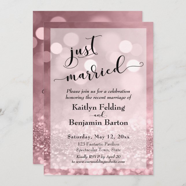 Rose Gold Pink Glitter Bokeh We Got Married Invitation (Front/Back)