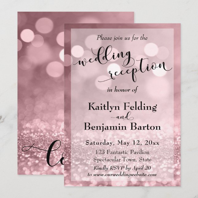 Rose Gold Pink Glitter Bokeh Wedding Reception Invitation (Front/Back)