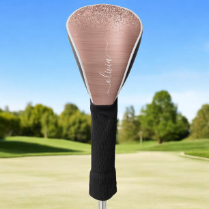 Rose Gold Pink Glitter Brushed Metal Monogram Golf Head Cover