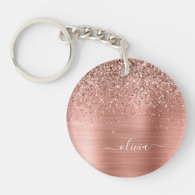 Rose Gold Pink Glitter Brushed Metal Monogram Key Ring (Front)