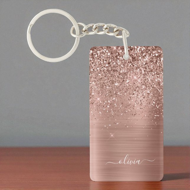 Rose Gold Pink Glitter Brushed Metal Monogram Key Ring (Creator Uploaded)