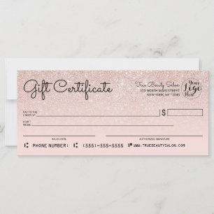 Rose Gold Pink Glitter Check Gift Certificate