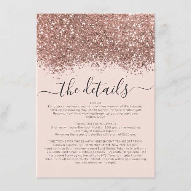 Rose Gold Pink Glitter Confetti Wedding Details Enclosure Card (Front)