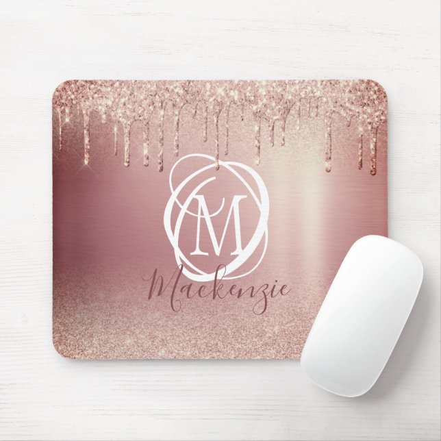 Rose Gold Pink Glitter Drip Elegant Monogram Mouse Mat (With Mouse)