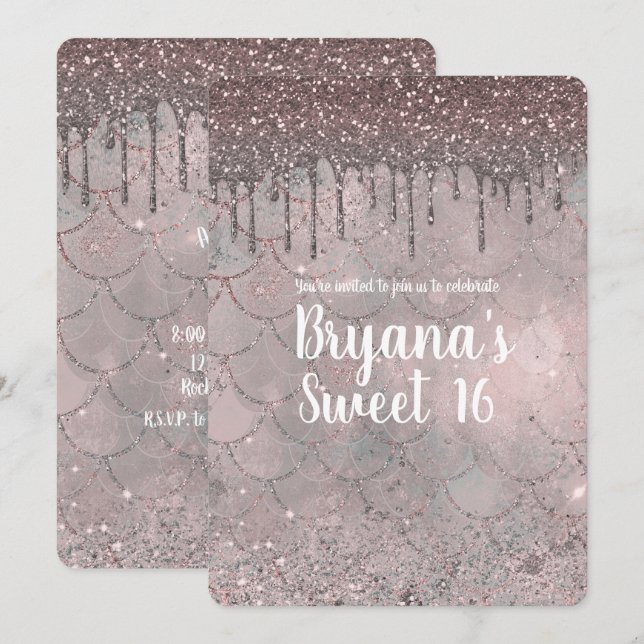 Rose Gold Pink Glitter Drip Mermaid Sweet 16 Party Invitation (Front/Back)