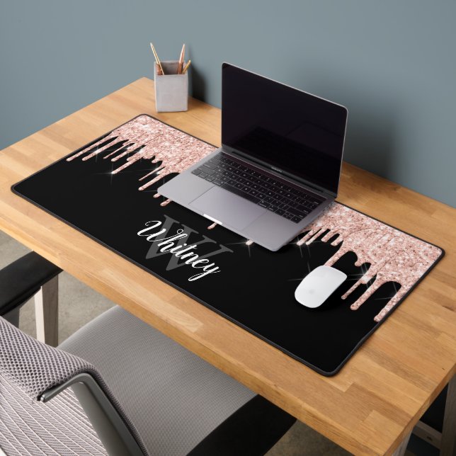 Rose Gold Pink Glitter Drip Monogram Name Desk Mat (Office 2)