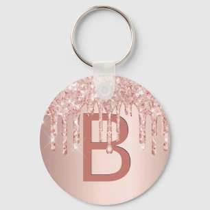Rose gold pink glitter dripping sparkle monogram key ring