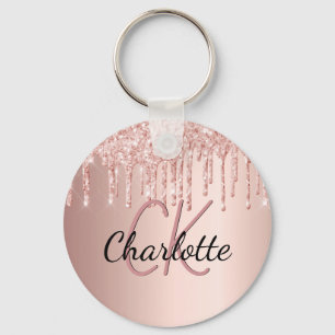 Rose gold pink glitter drips monogram luxury key ring