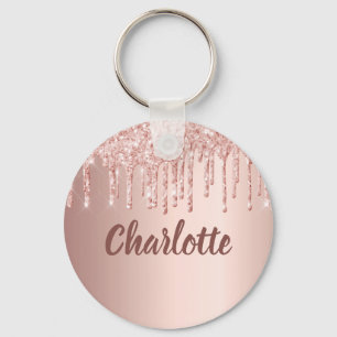 Rose gold pink glitter drips monogram luxury key ring
