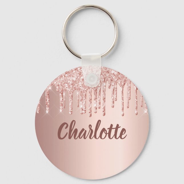 Rose gold pink glitter drips monogram luxury key ring (Front)