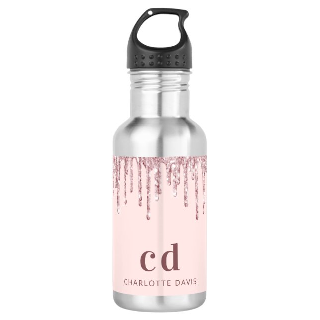 Rose gold pink glitter drips monogram name 532 ml water bottle (Front)
