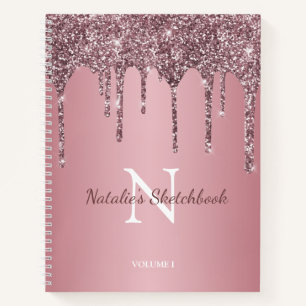 Rose Gold Pink Glitter Drips Monogram Sketchbook Notebook