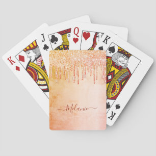 Rose gold pink glitter drips name playing cards