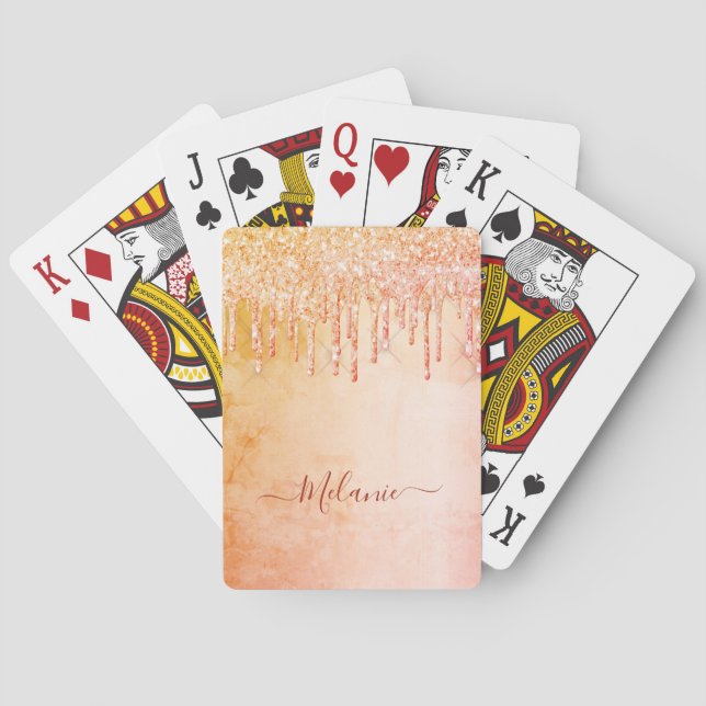 Rose gold pink glitter drips name playing cards (Back)