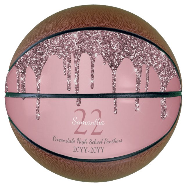 Rose Gold Pink Glitter Drips Name Team Number Year Basketball (Front)