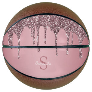 Rose Gold Pink Glitter Drips Sparkle Monogram Name Basketball