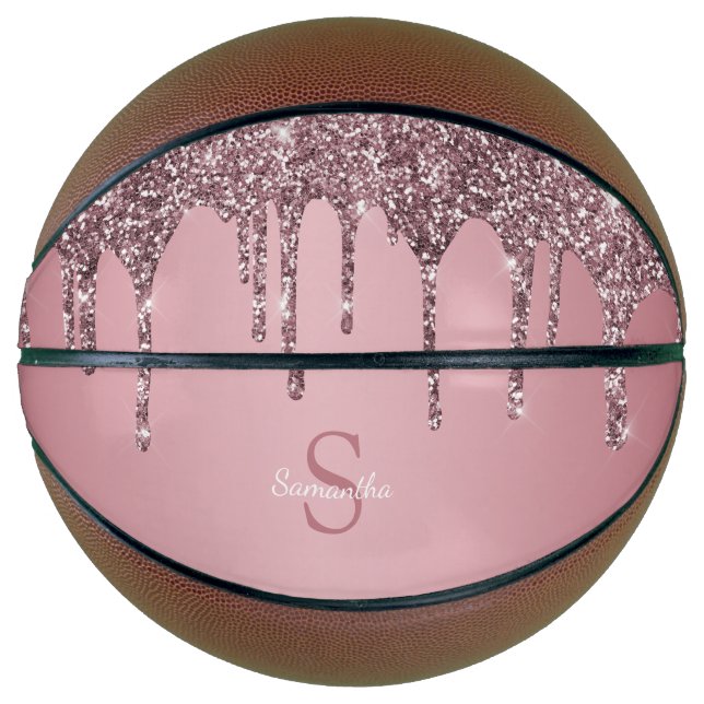 Rose Gold Pink Glitter Drips Sparkle Monogram Name Basketball (Front)