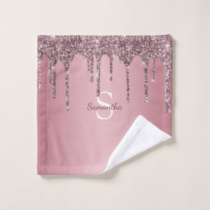 Rose Gold Pink Glitter Drips Sparkle Monogram Name Bath Towel Set